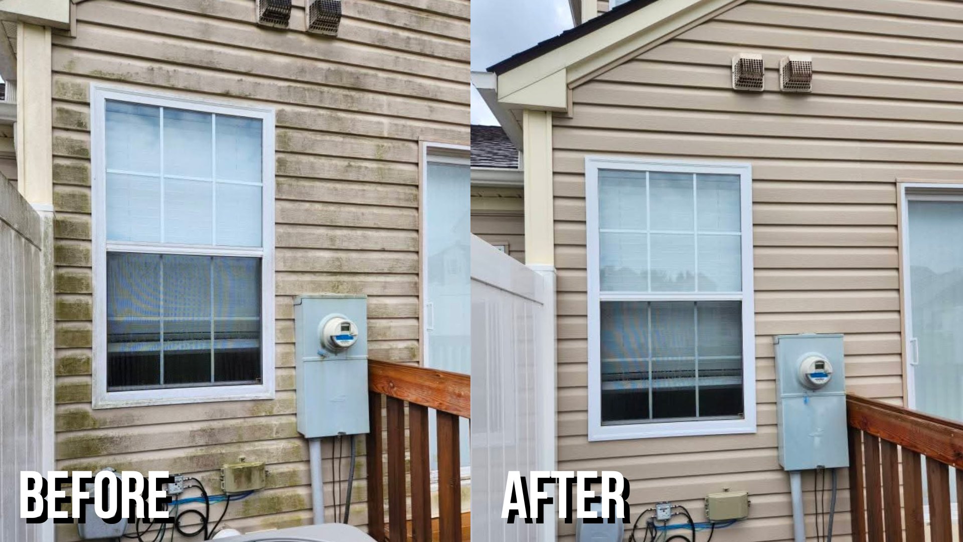 Before and after washing townhome siding beside a wooden deck rail and fence