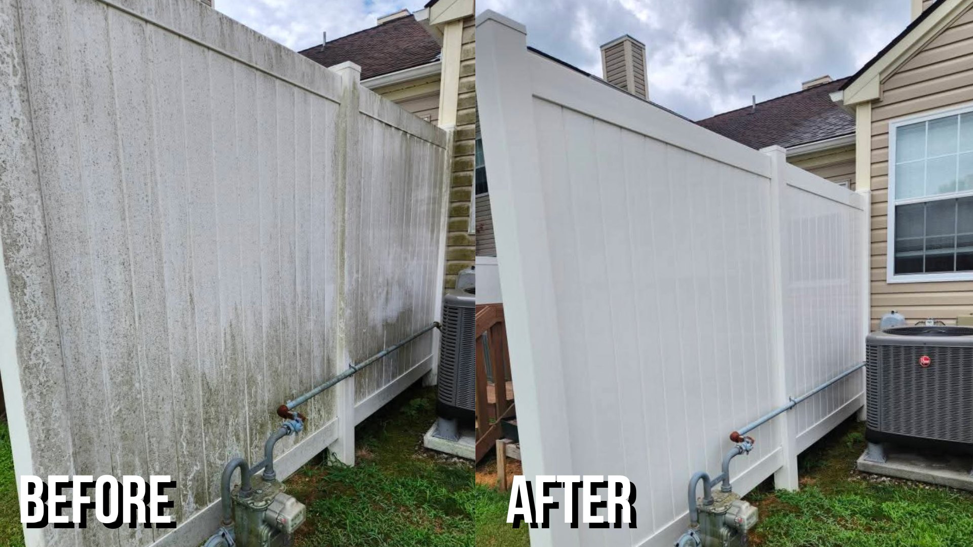Before and after cleaning a streaked white vinyl privacy fence