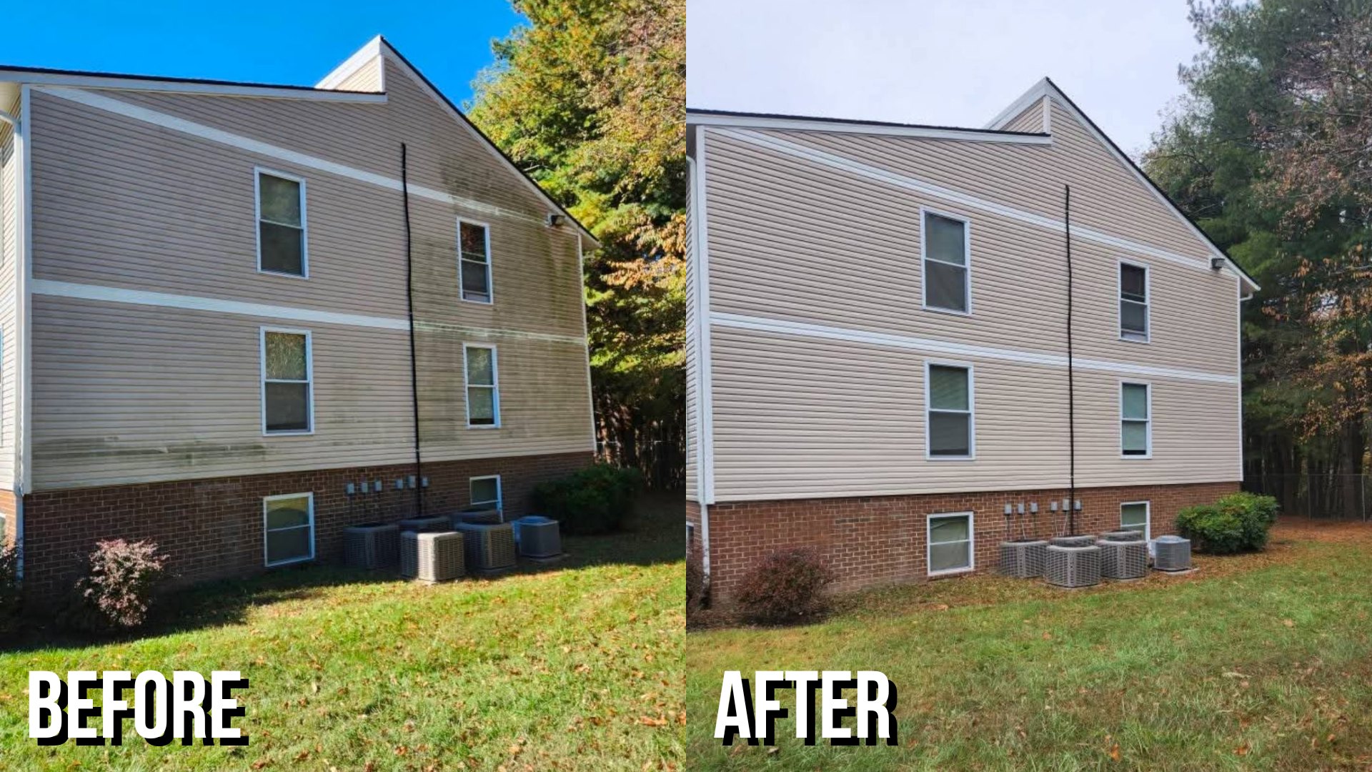 Before and after soft washing the siding of a three-story apartment building