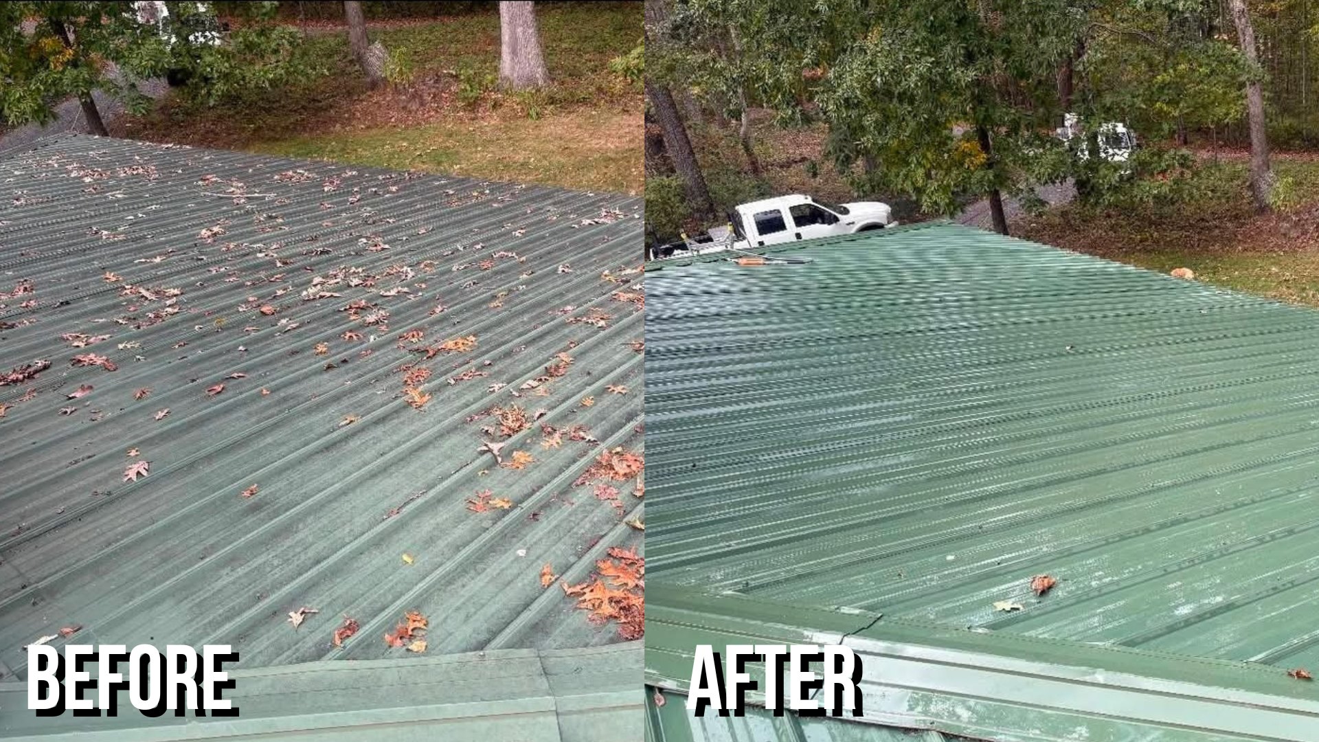 Before and after low-pressure washing a green metal roof