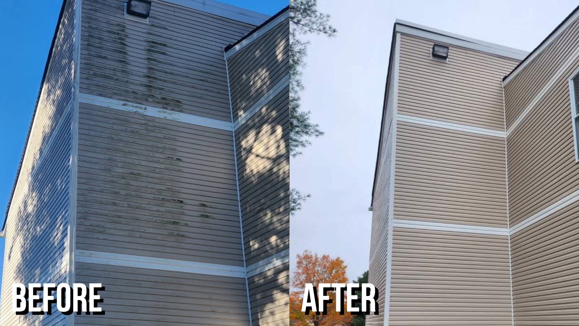 Before and after soft washing a tall apartment gable wall