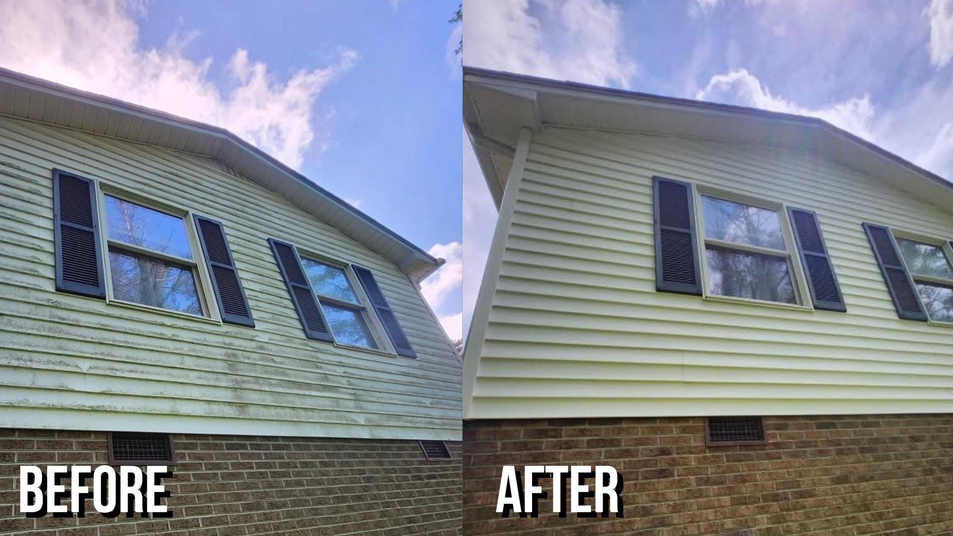 Before and after washing dirty siding, shutters and brick on a split-level home