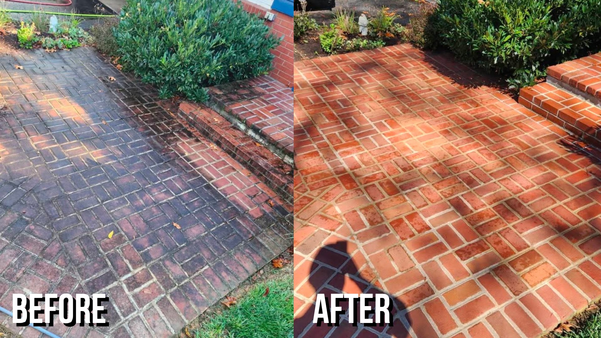 Before and after pressure washing a dirty brick patio and walkway