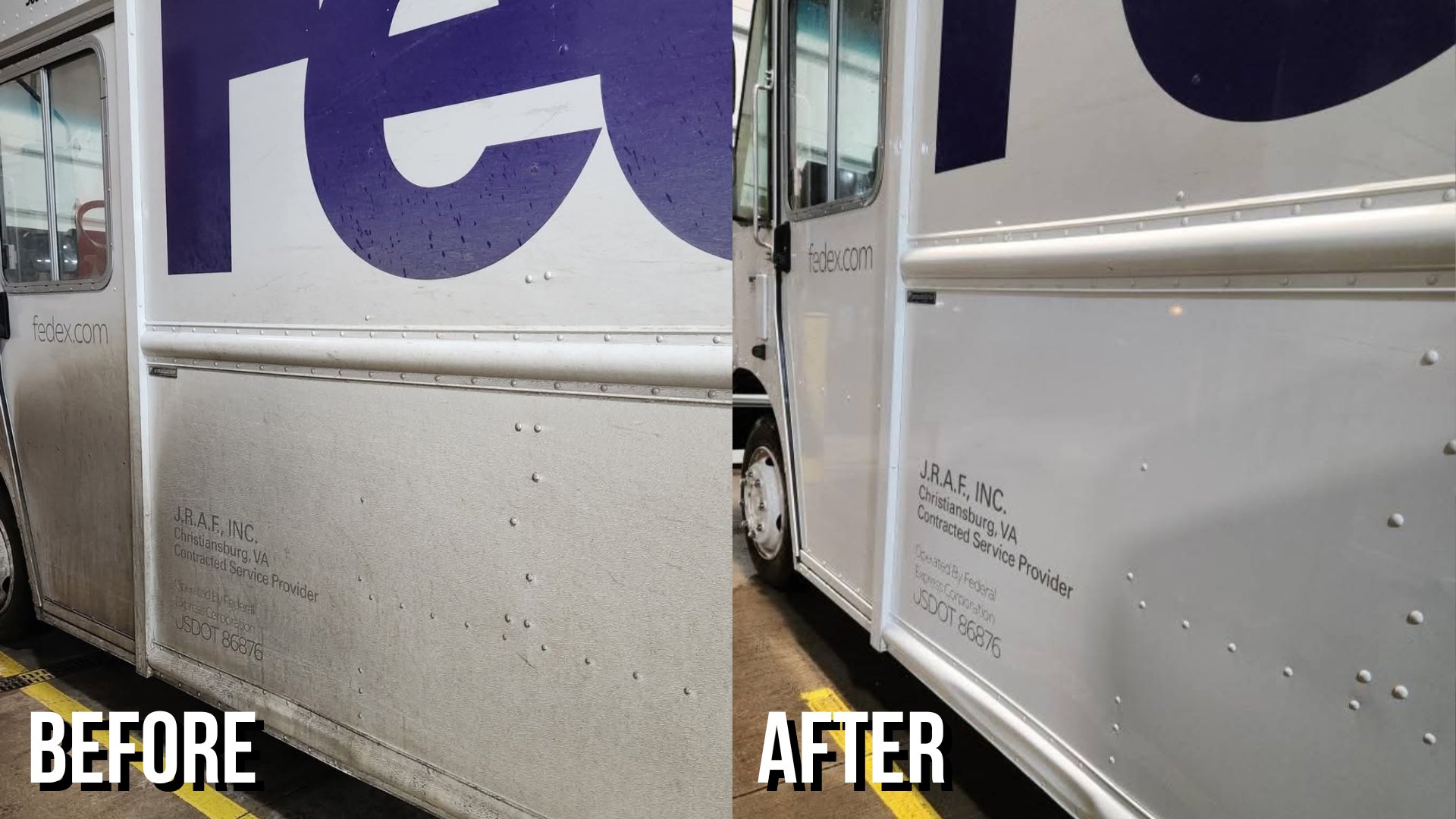 Before and after washing a dirty delivery box truck