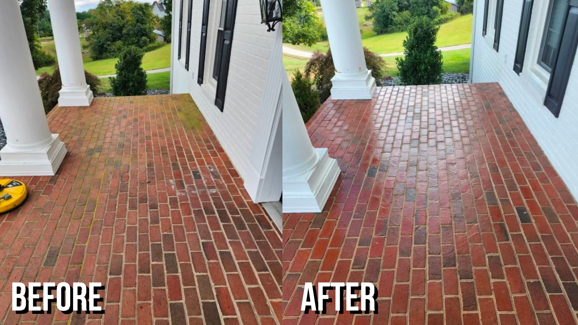 Before and after cleaning a brick front porch with white columns