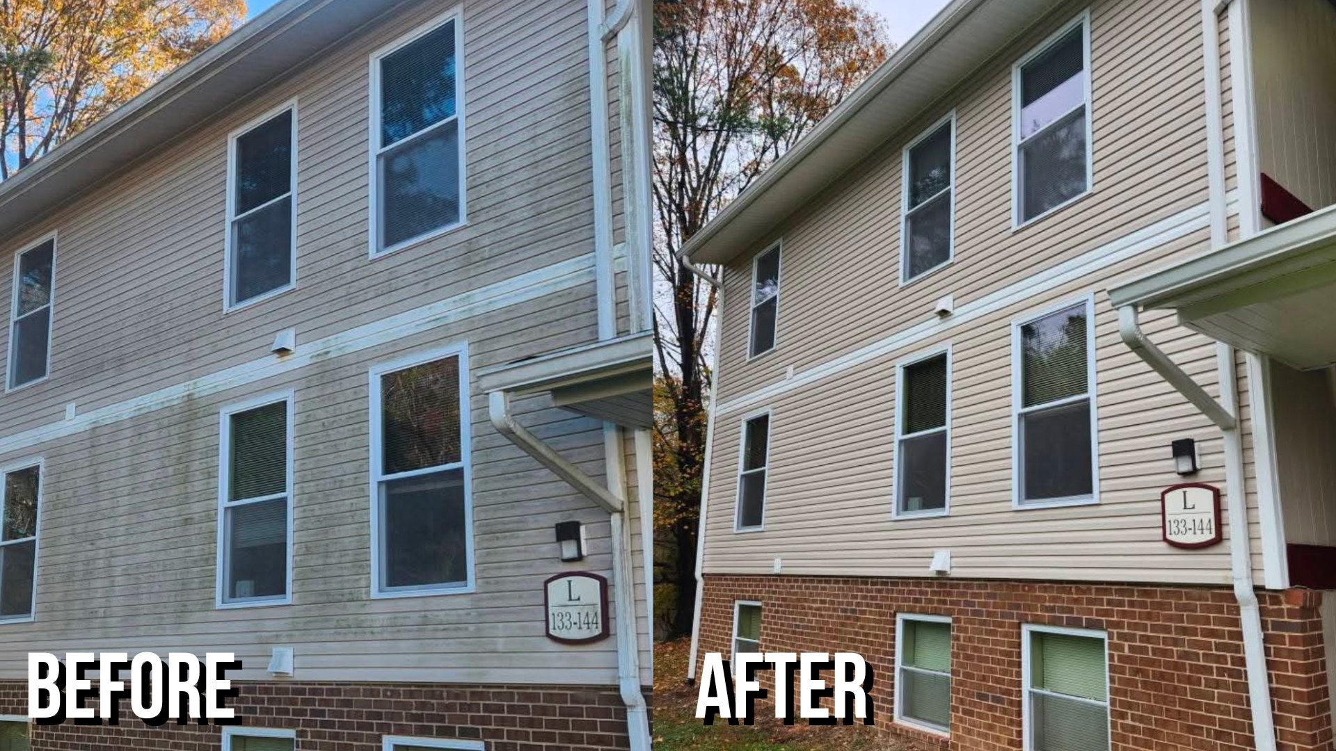Before and after cleaning the siding and brick of an apartment building entry