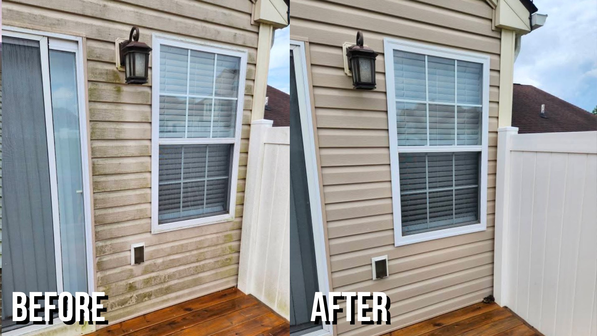 Before and after cleaning dirty townhome siding, window trim and fence panel