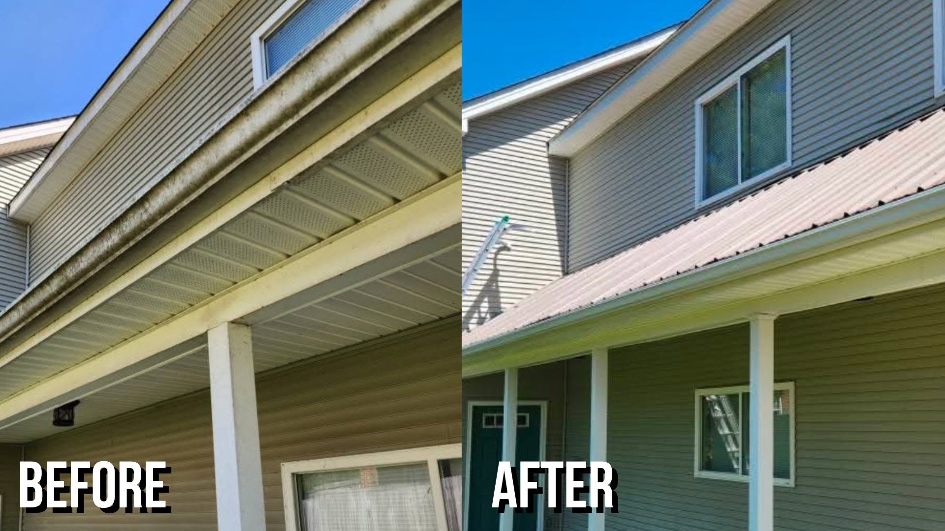 Before and after cleaning soffit and gutters under a home's eaves
