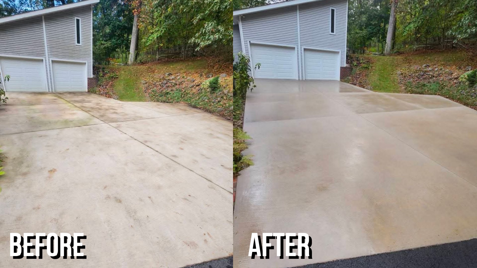 Before and after surface cleaning a dirty concrete driveway at a garage