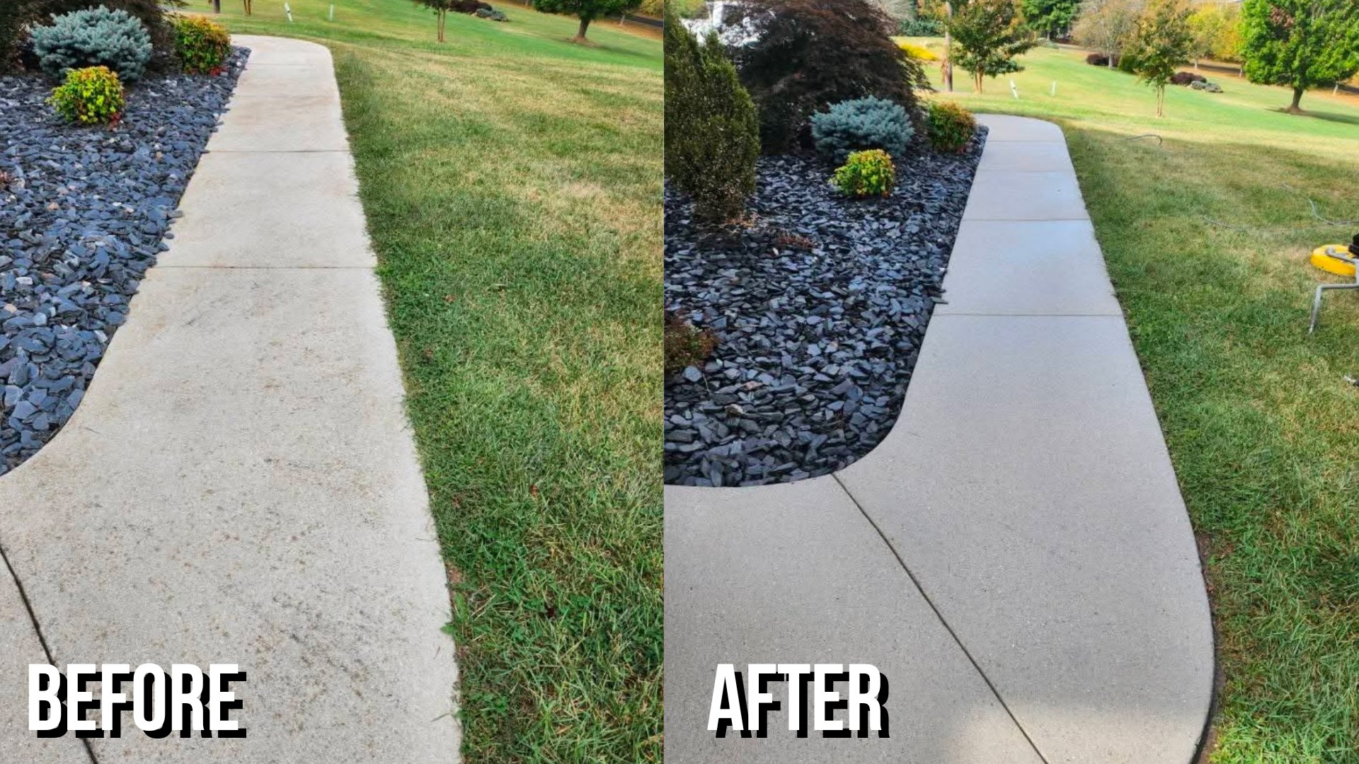 Before and after surface cleaning a stained concrete walkway