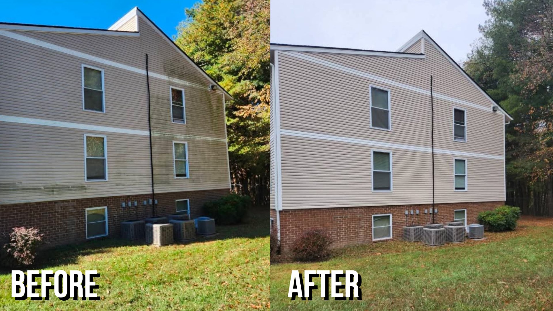 Before and after washing the rear elevation of an apartment building