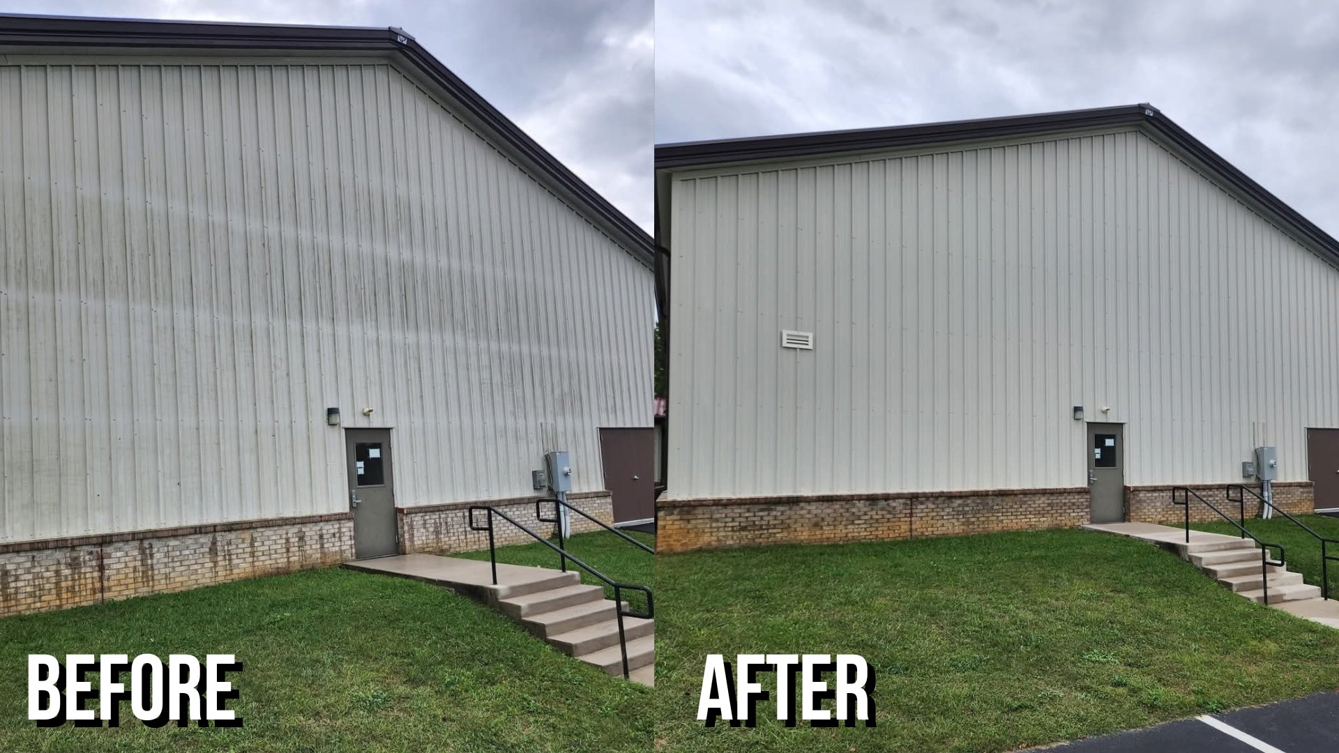 Before and after washing a large metal commercial building exterior