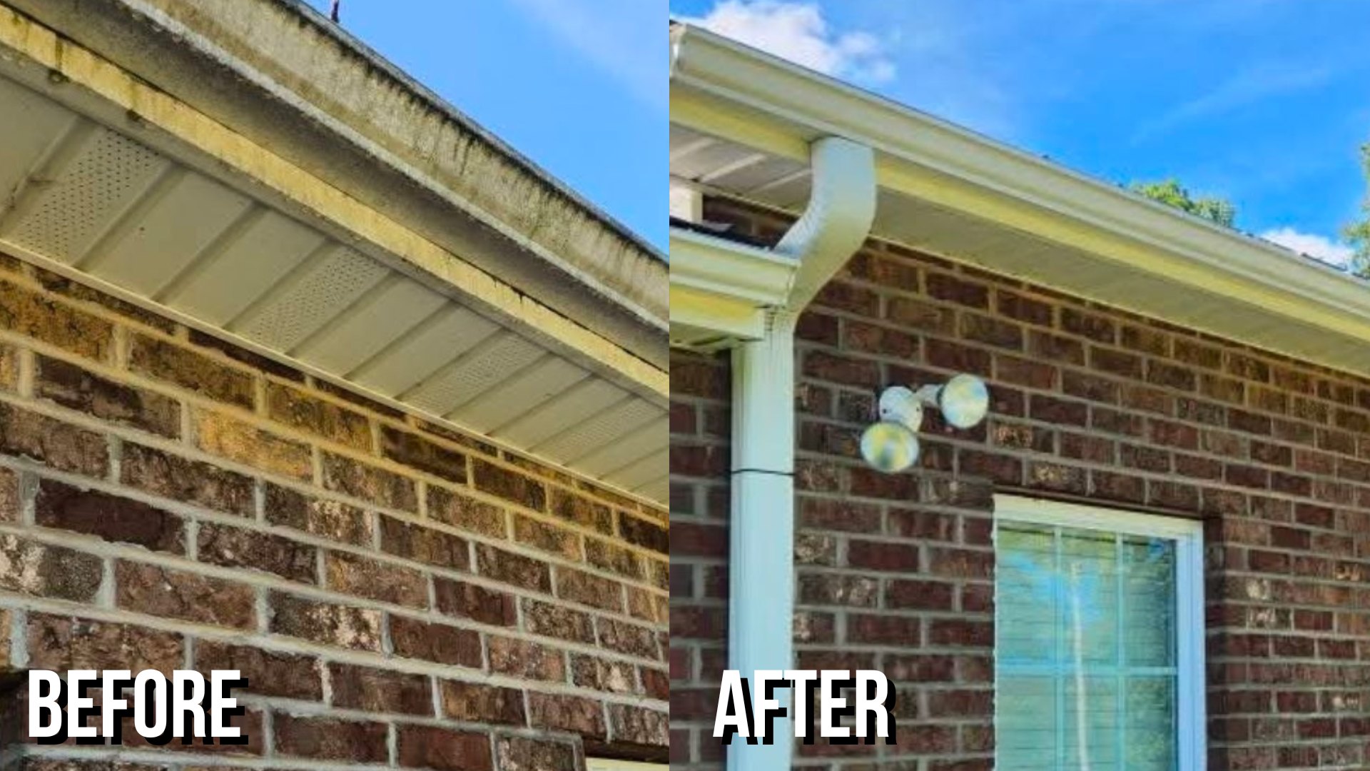 Before and after brightening tiger-striped gutters and soffit on a brick home