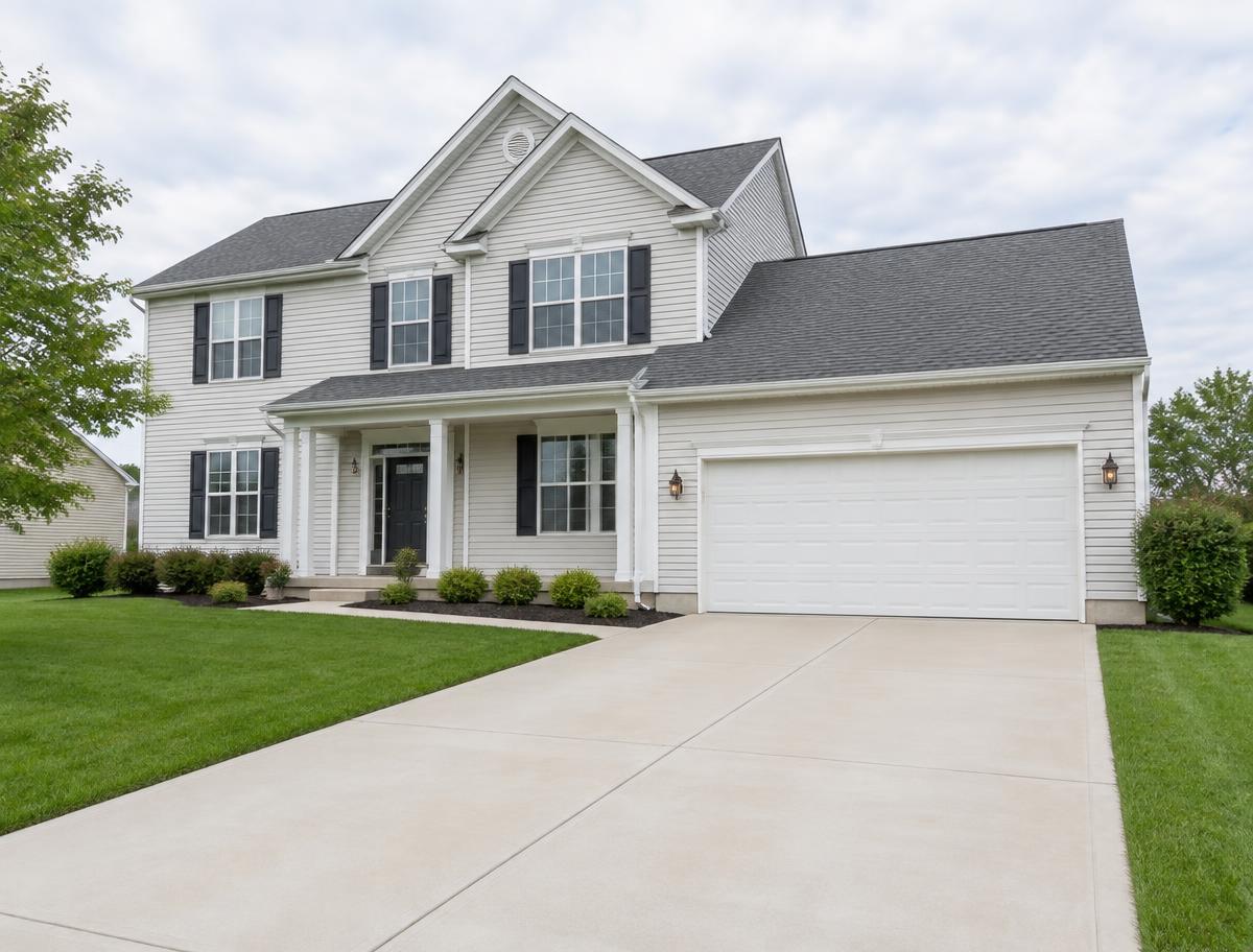 Clean home siding and freshly washed concrete driveway after a full exterior package